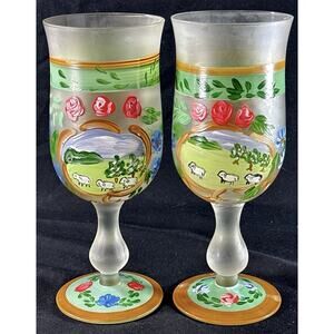 Vintage Hand Painted Frosted Glass Goblets Shepherd Scene Roses Floral 7.5”